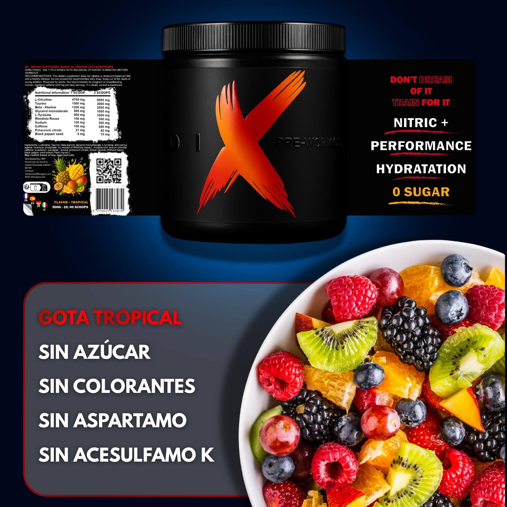DIX Pre Entreno Workout Fuerte, Energía y Pump, 400 g Tropical | Con L-citrulina, beta-alanina, L-tirosina y rodiola: enfoque, resistencia y bombeo muscular sin bajón.