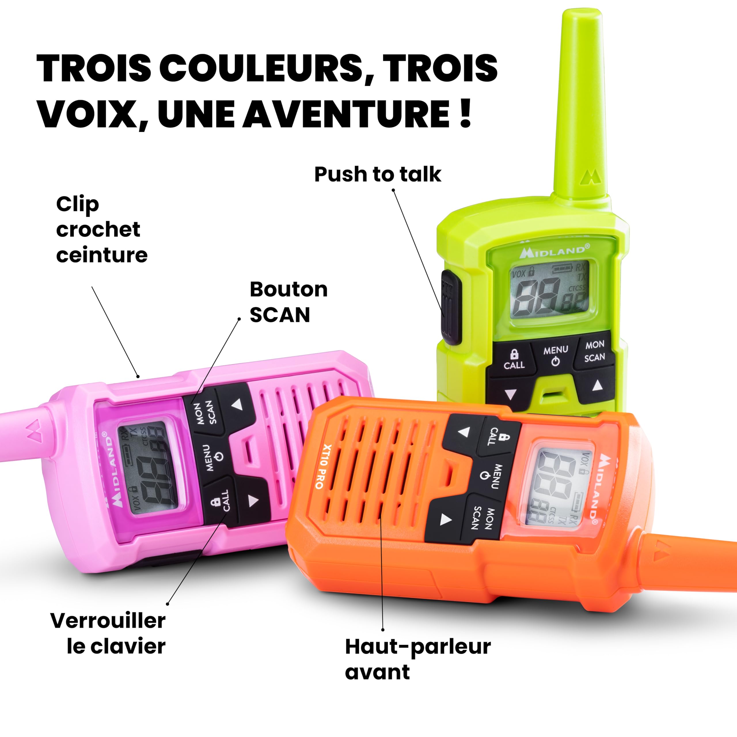 Midland- Lot 3 Talkie Walkie Professionnel et Enfants XT10 Pro C1459.02 Étanche pour Outdoor 4Km, Radio Récepteur Émetteur avec 16 Canaux PMR446 sans Licence, 38 Sous Canaux, 3 Piles AAA Rechargeables