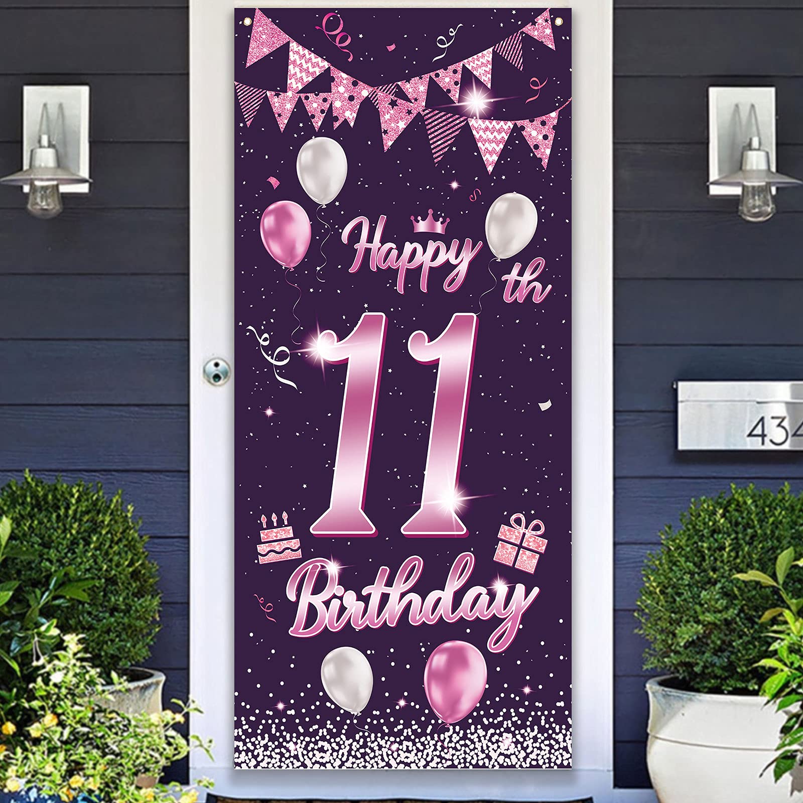 Happy 11th Birthday Sweet Purple Rose Banner Backdrop Balloons Confetti Cheers to 11 Years Old Bday Theme Decorations Decor for Door Cover Porch Girls