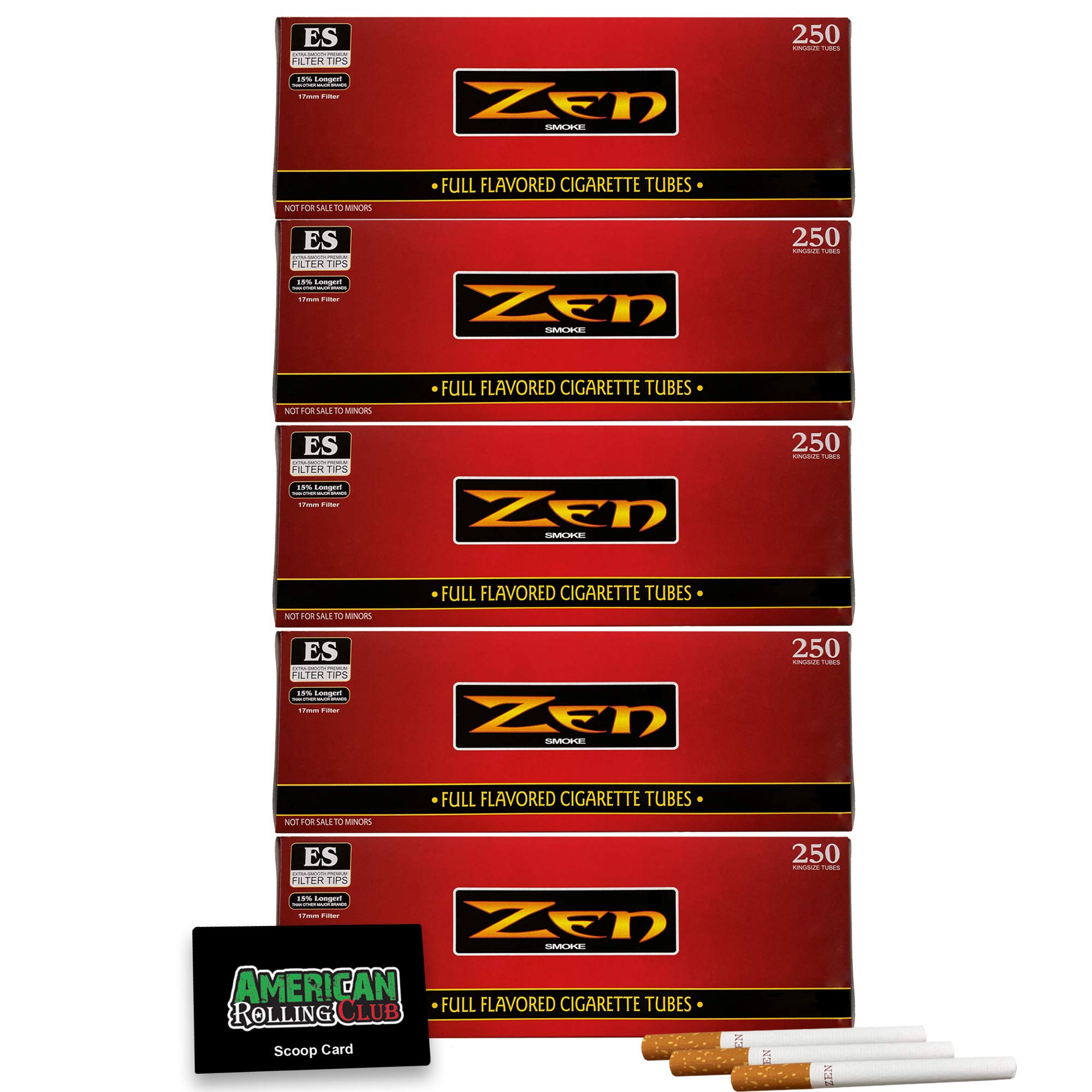 Zen Cigarette Tubes | Regular - Red Box | King Size | 5 Pack | 1250 Tubes | Includes American Rolling Scoop Card