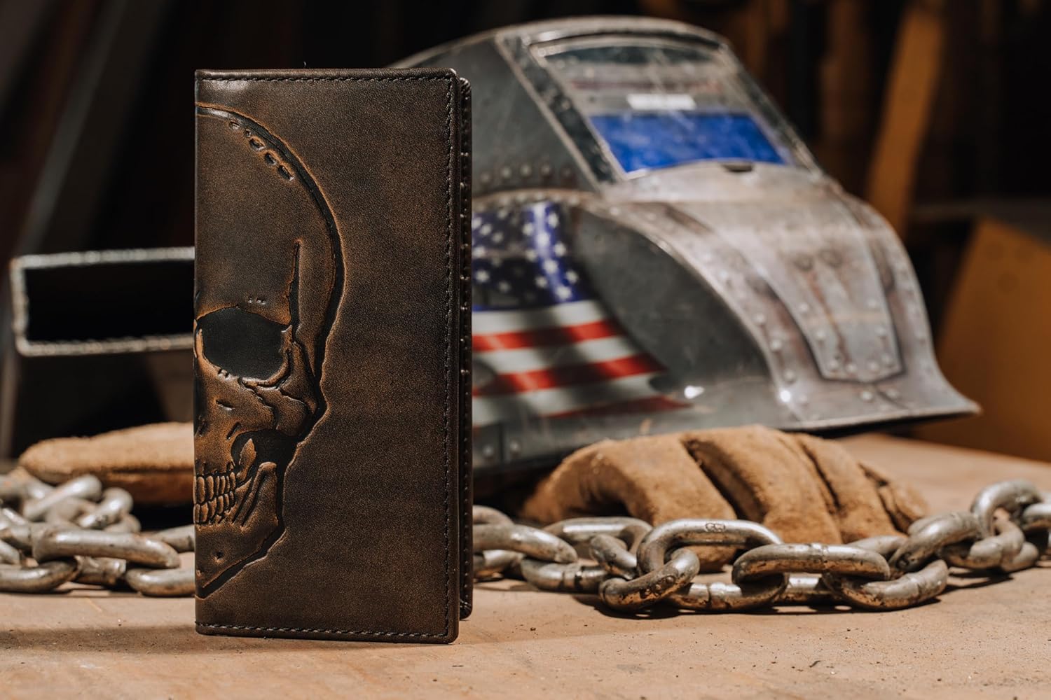 House of Jack Co. Skull Long Bifold Wallet for Men, Full Grain Cowhide Leather Biker Wallet, Rodeo Wallet, Black - Image 4