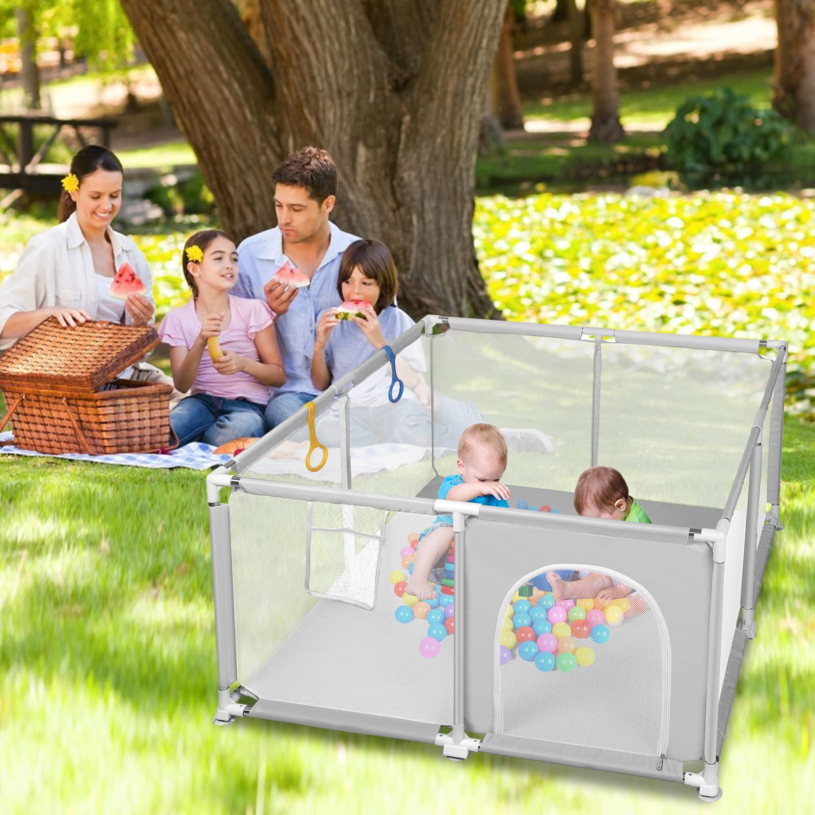 Parc Bébé Démontable Lavable avec 30 Balles, 120x120 cm, Intérieur Extérieur, Grille Protection Gris
