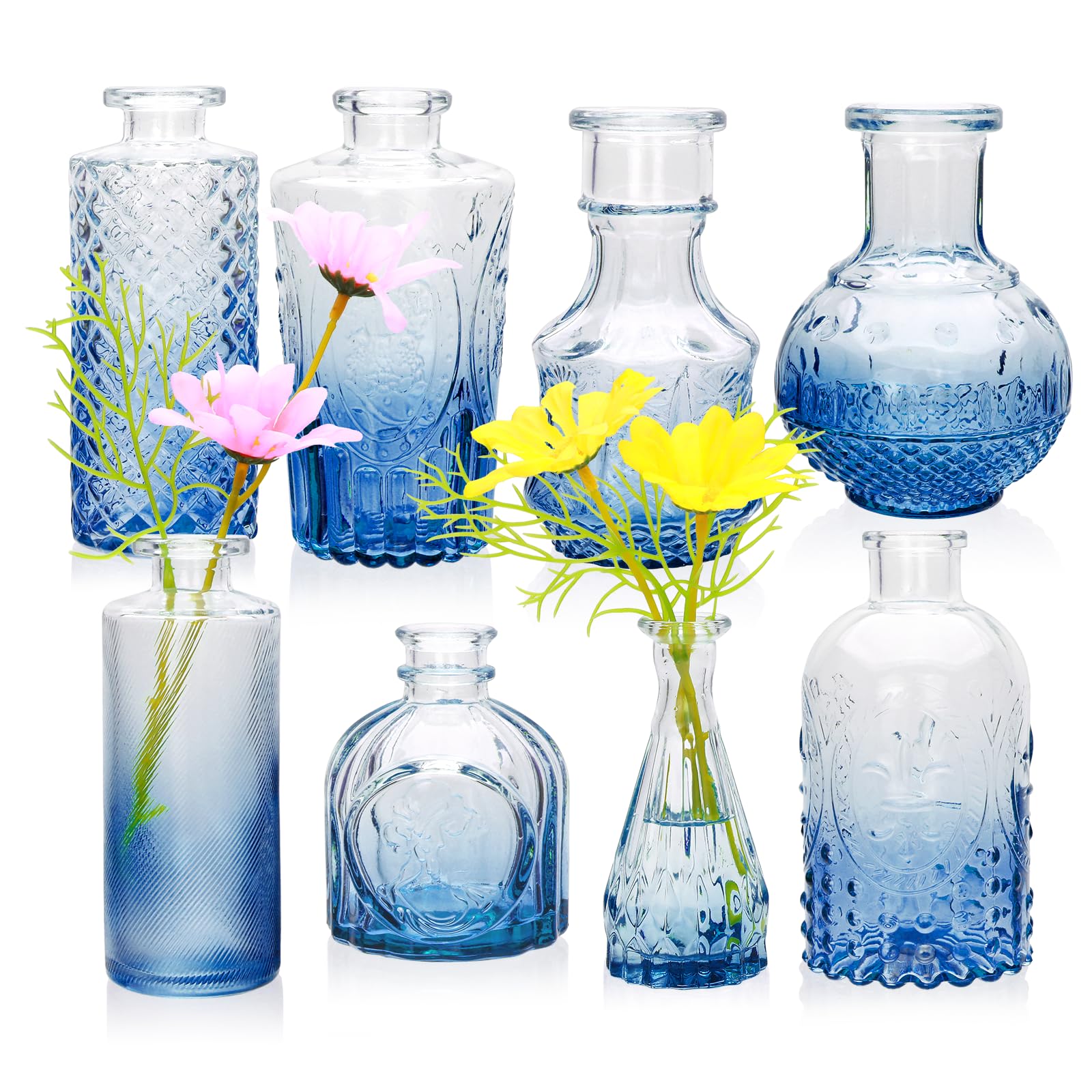 BrajtttNavy Blue Flower Vase Set, Glass Bud Vase in Bulk Set of 8,Artistic and Cultural Flavor Mini Vases for Home Office Decor, Bedroom, Office, Living Room Decorations,Wedding