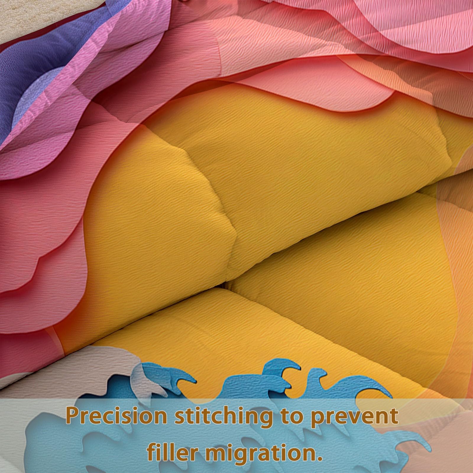 Trapunta Matrimoniale 150x200 cm Tramonto Astratto E Onde Dell'Oceano Piumone 4 Stagioni Microfibra Traspirante Morbida, Trapuntino Copriletto Stampa 3D con 2 Federe 50x80 cm