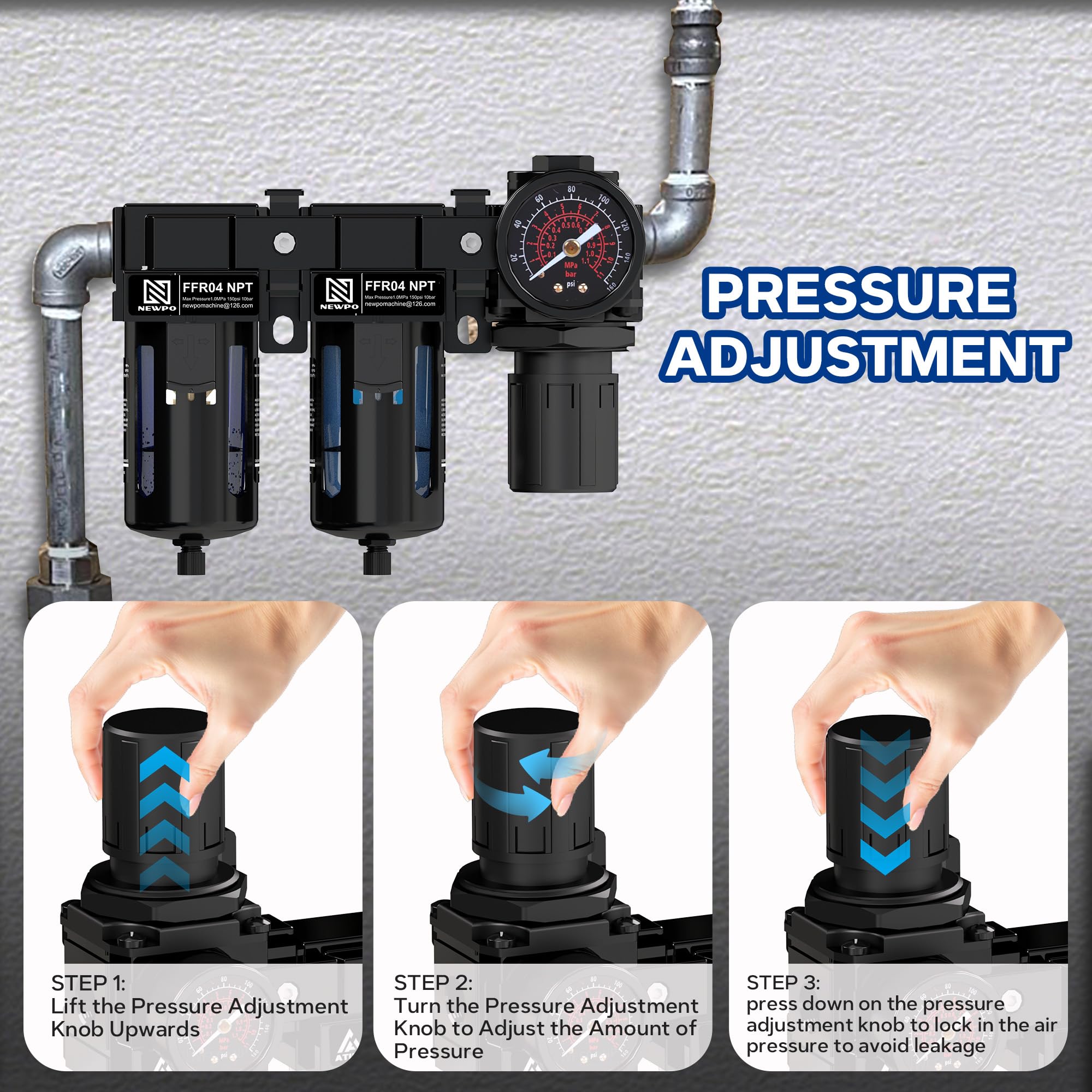 1/5.1 cm NPT Air Water Sepatator do sprężarki powietrza, regulator ciśnienia powietrza z manometrem, podwójny system suszenia do pistoletów natryskowych, półautomatyczny odpływ, metalowy wspornik