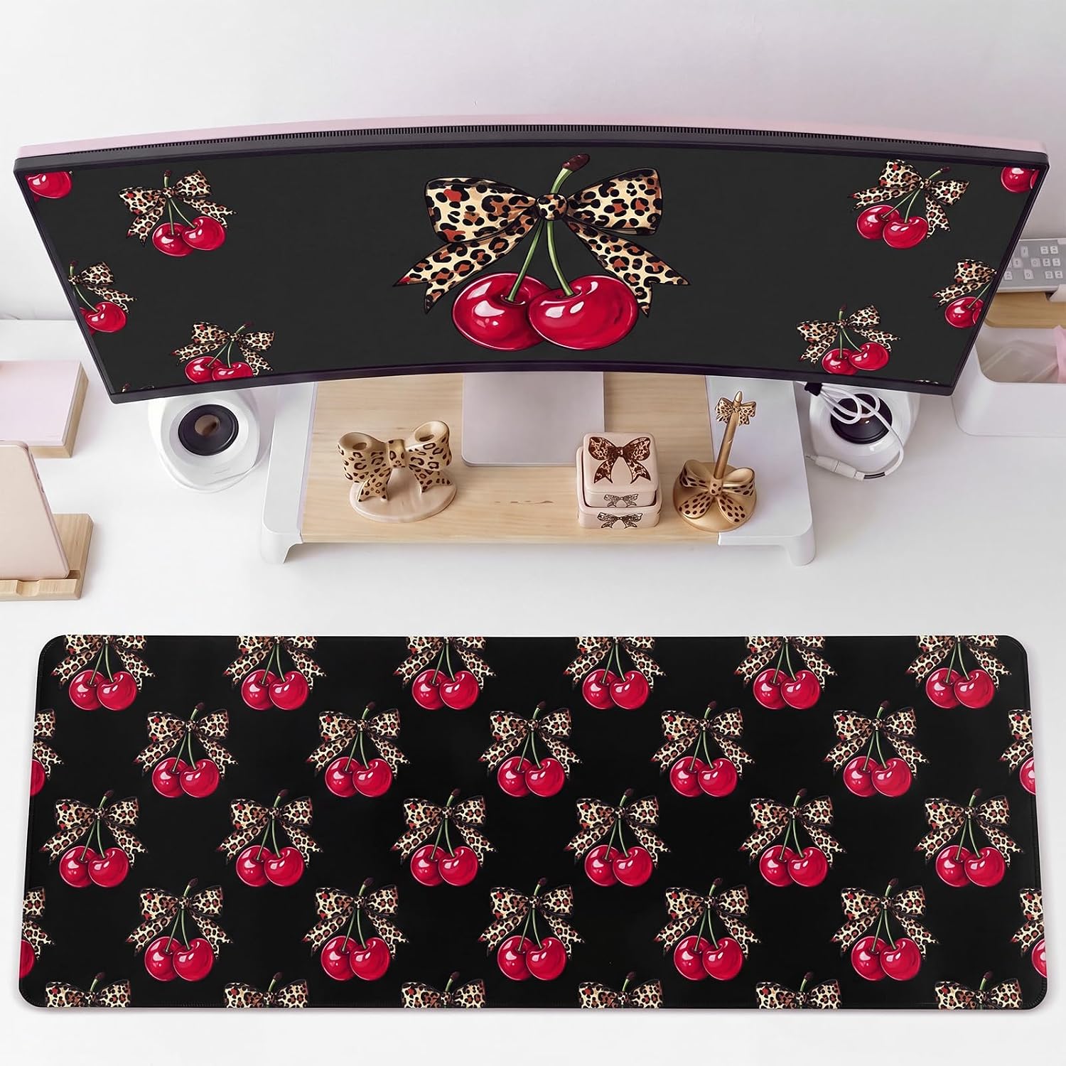 Cherry Leopard Bow Desk Mat Large Mouse Pad Desk Accessories