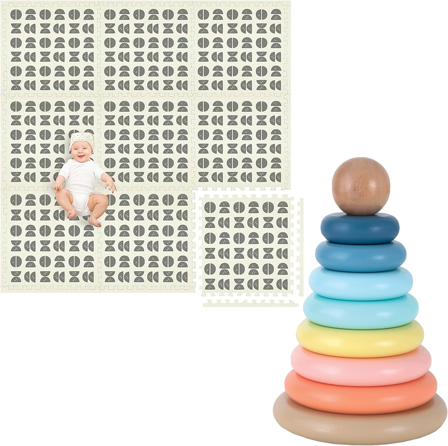 Play Platoon Non-Toxic Kids Play Mats for Floor, Extra-Thick Foam Tiles, Playmat for Toddlers & Childrens Playroom, Wooden Rainbow Stacking Toy Ring Stacker Toy, Educational Interactive Learning Toys