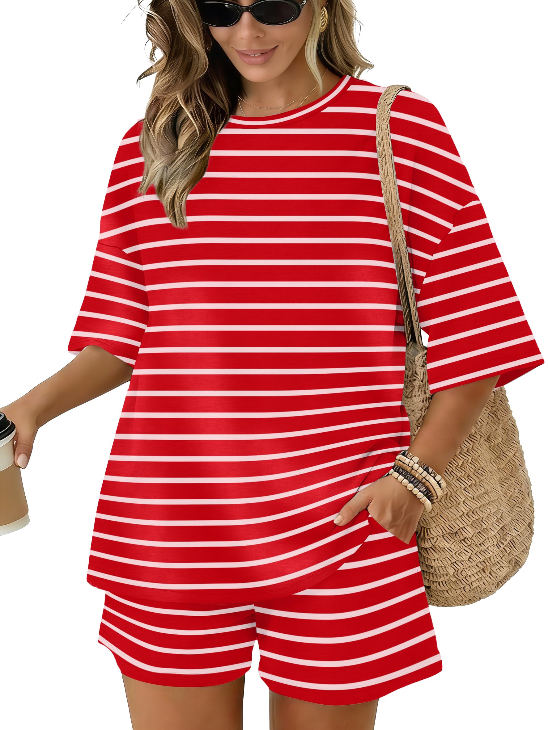 Sampeel Womens 2 Piece Sets 3/4 Sleeve Oversized Tops Lounge Sets Loungewear Business Casual Summer Outfits Workout