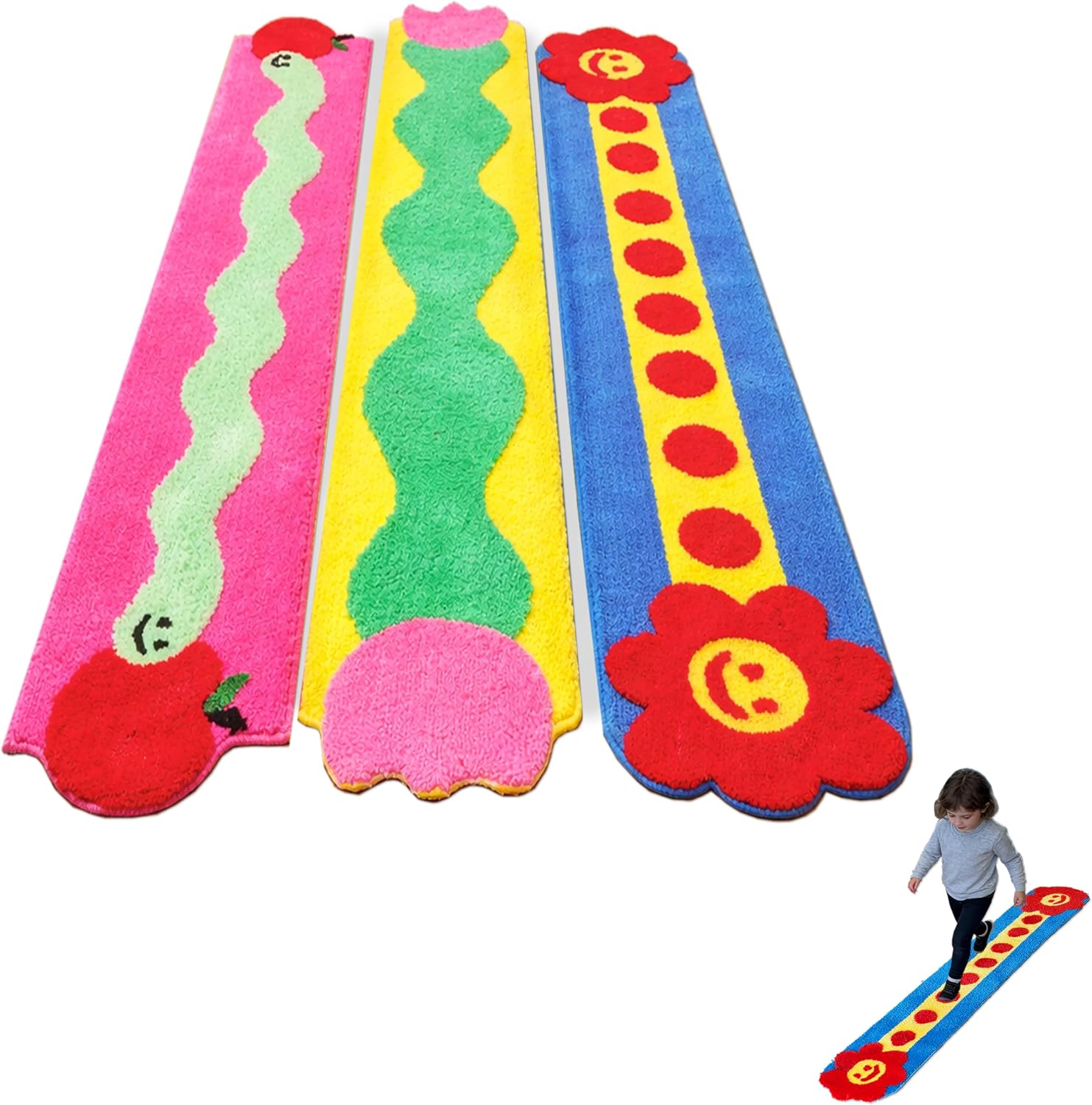 Modular Play Rug Set, 3-Piece Washable Area Rug, Soft Interactive Stepping Path Runner with Pattern Design for Home & Play, Bedroom, Living Room (3, Sunny Steps)