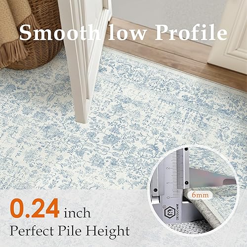 Miniatura 3 de Blue Area Rug 5x7 Machine Washable Vintage Living Room Distressed Non Slip Carpet Traditional Indoor Bedroom Retro Floral Accent Throw Large Rug