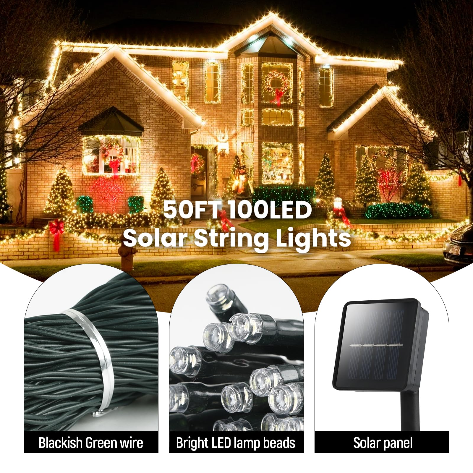 Solar String Lights Outdoor Waterproof: 50ft 100LED Solar String Lights Outdoor - Solar Powered Twinkle Fairy Tree Light with 8 Lighting Mode for Patio, Garden,Courtyards,Trees(Warm White)