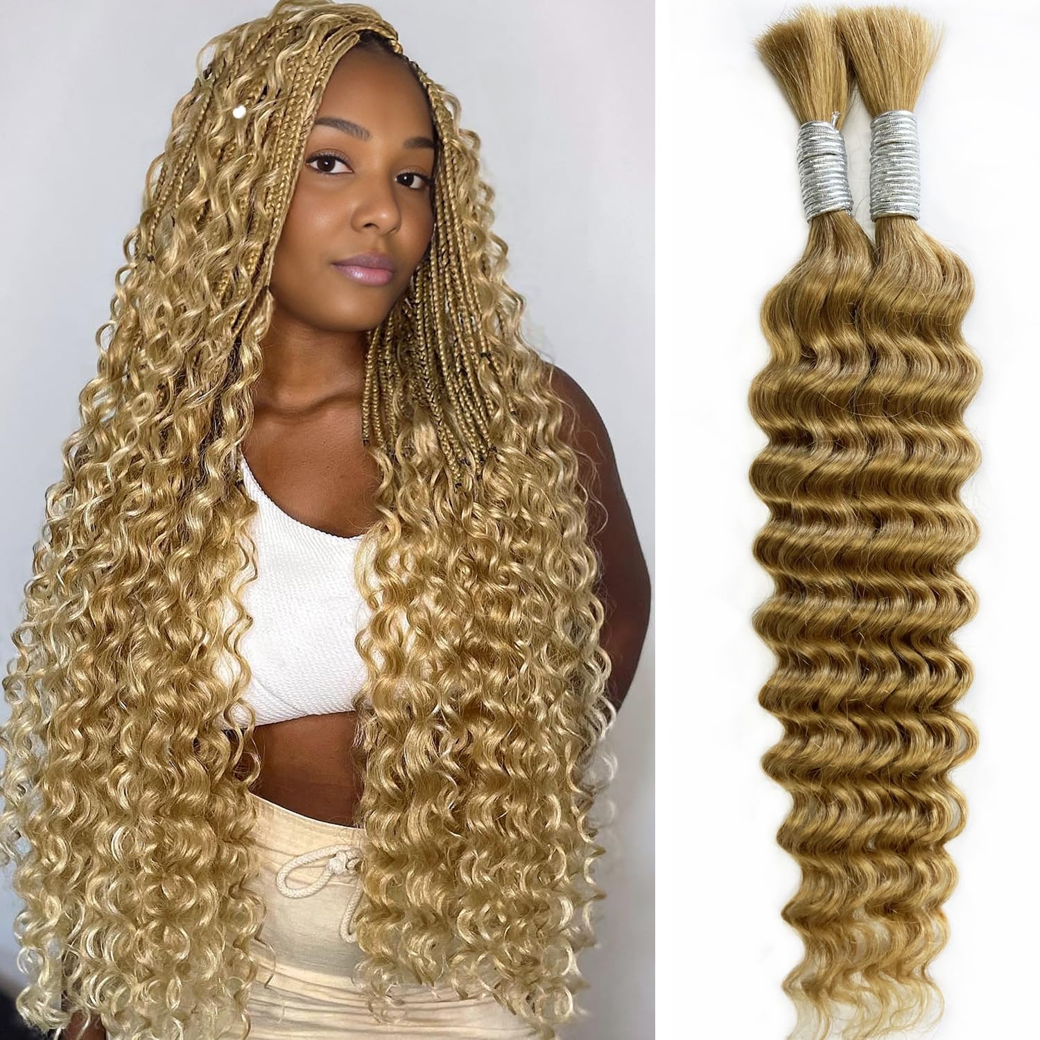 16 Inch Honey Blonde Human Braiding Hair For Boho Braids 100g 27 Deep Wave Human Hair Bulk For Braiding Curly Human Hair For Bohemian Braids 100% Human Hair Water Wave 2 Bundles