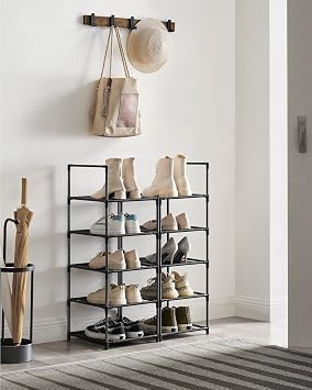 SONGMICS 10-layer shoe rack, shoe stand, space-saving shoe storage, 33 x 33 x 173 cm, metal frame, non-woven fabric shelves, hallway, bedroom, black LSR110B02