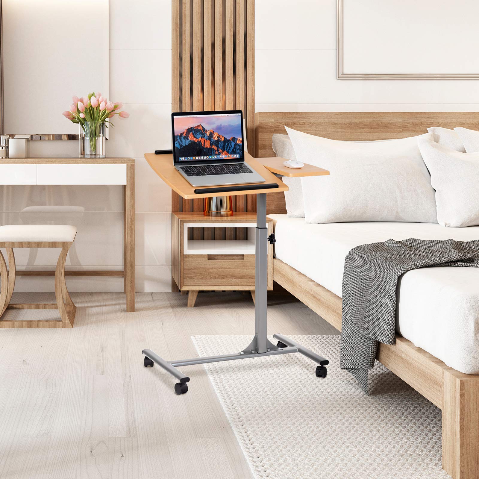 LIFEZEAL Mesa para Ordenador portátil con Ruedas, Mesa Auxiliar móvil Ajustable 71-93cm con Tablero inclinable, Escritorio de pie para salón, sofá, Cama (Nogal)