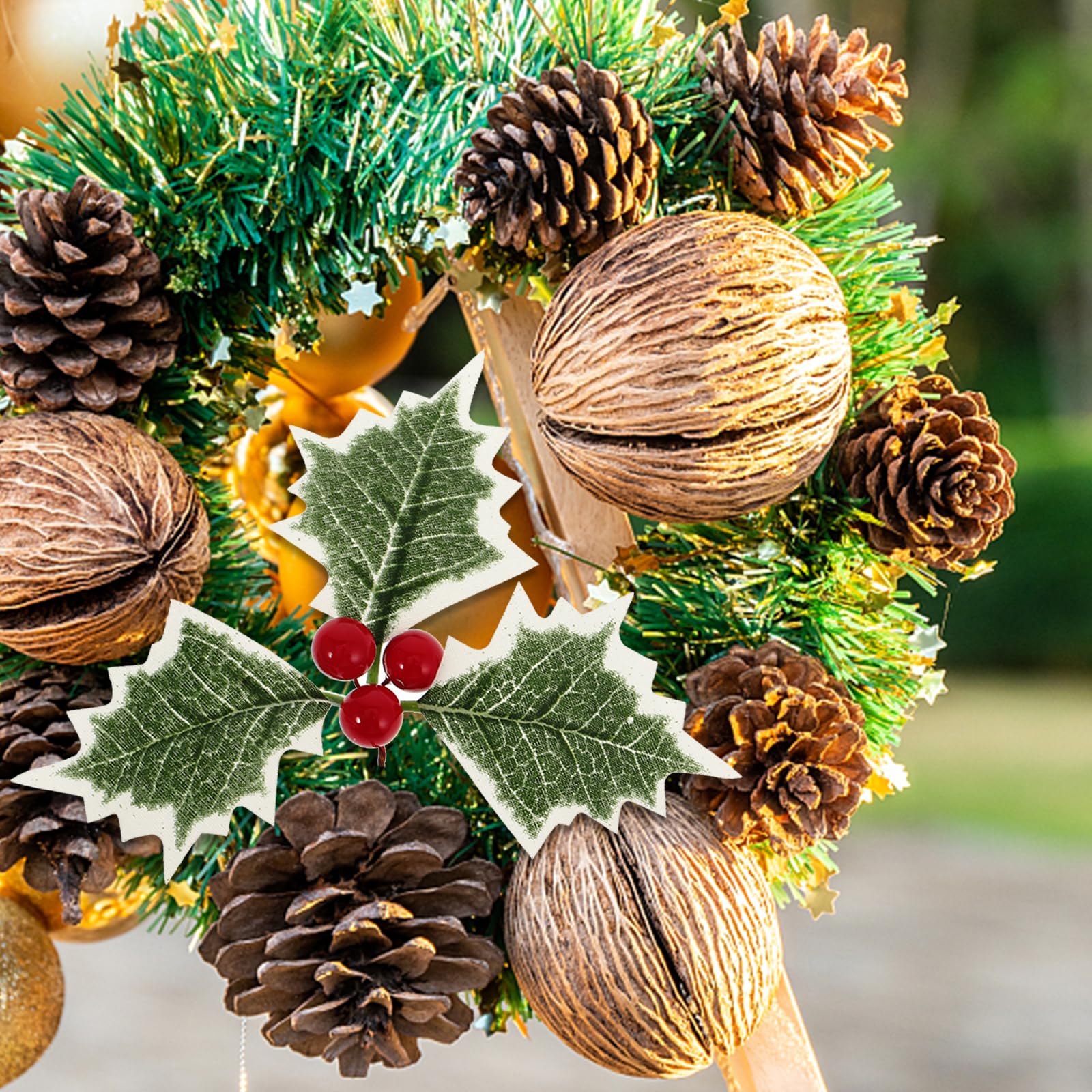 MAGICLULU 6pcs Artificial Holly Berries with Green Silk Leaves Green Leaves Christmas Holly Berry for Wreath Garland Party Home - Image 4