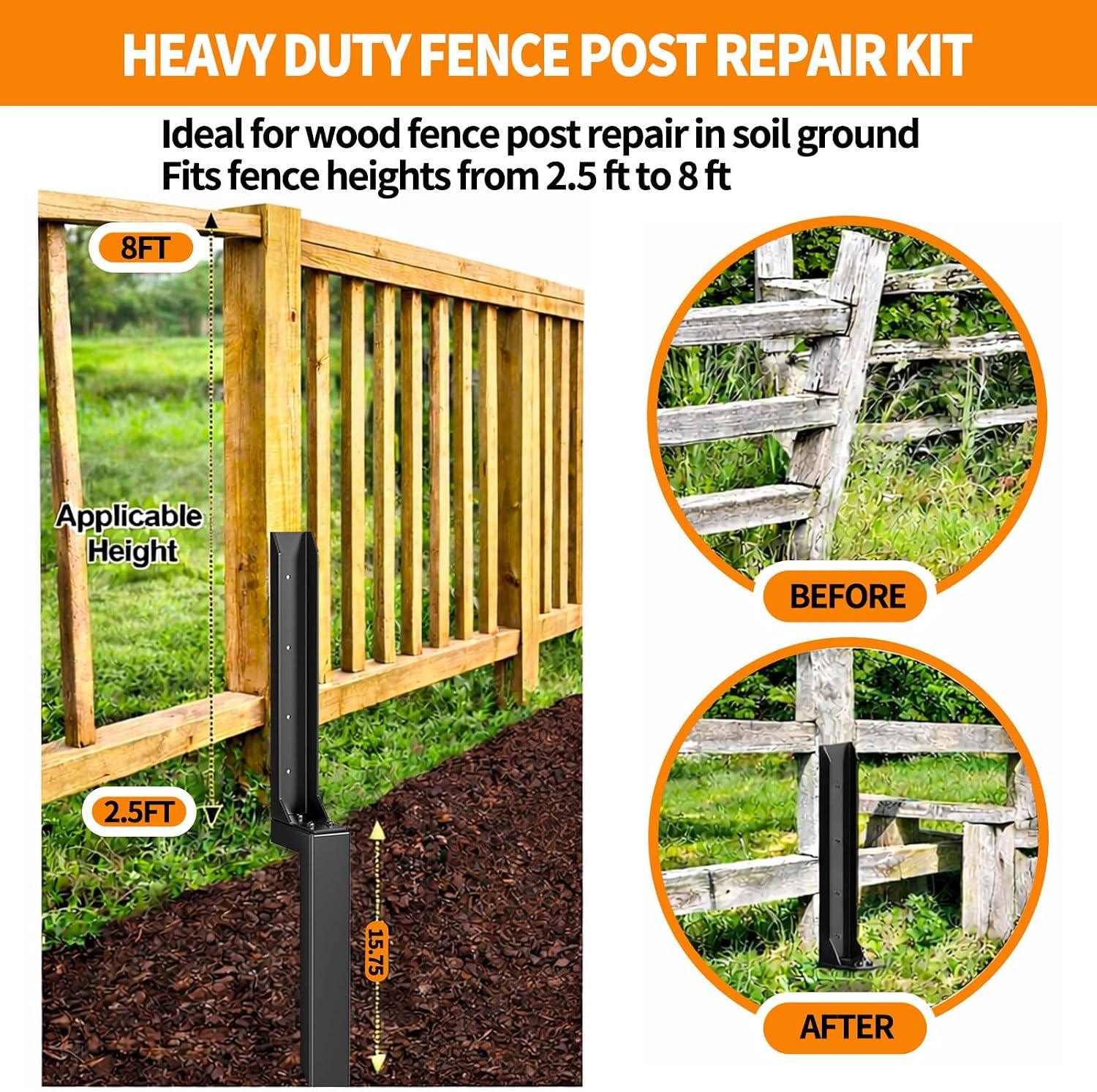 5 Pack Fence Post Repair Kit, Heavy Duty Steel Post Repair Stakes for Broken or Leaning Wooden Fence Posts, Support Brackets for 4x4 and 6x6 Posts thumbnail