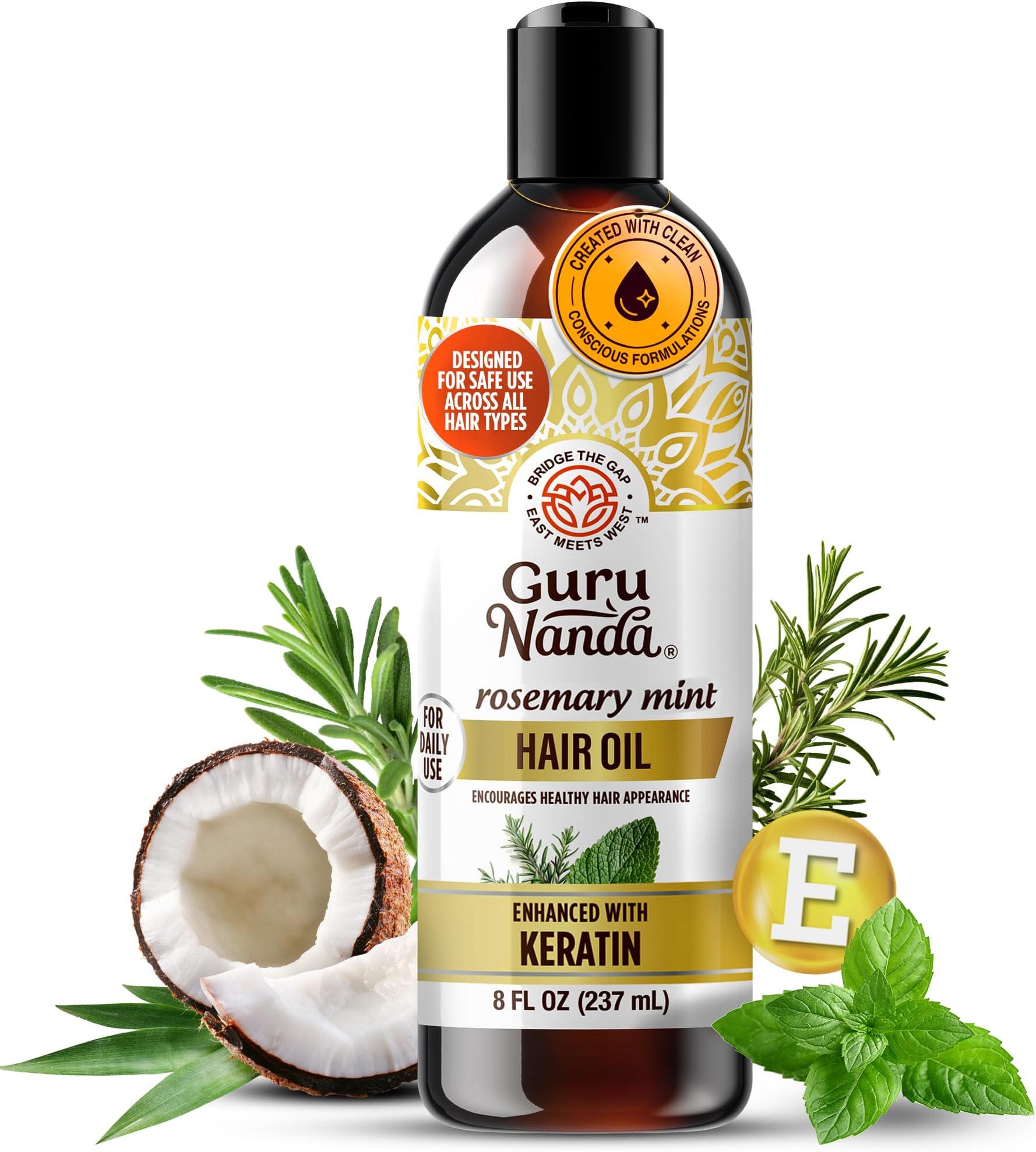 GuruNanda Rosemary Mint for Hair Growth with Keratin & Vitamin E Oil - Encourages Scalp, Shine & Hair Strengthening- 100% Natural, Cruelty-Free, 8oz