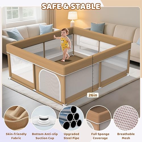 Miniatura 7 de Omzer Patio de juegos para bebés de 79 x 71 pulgadas, corralito grande para bebés y niños pequeños, corralito de juegos para bebés con malla visible
