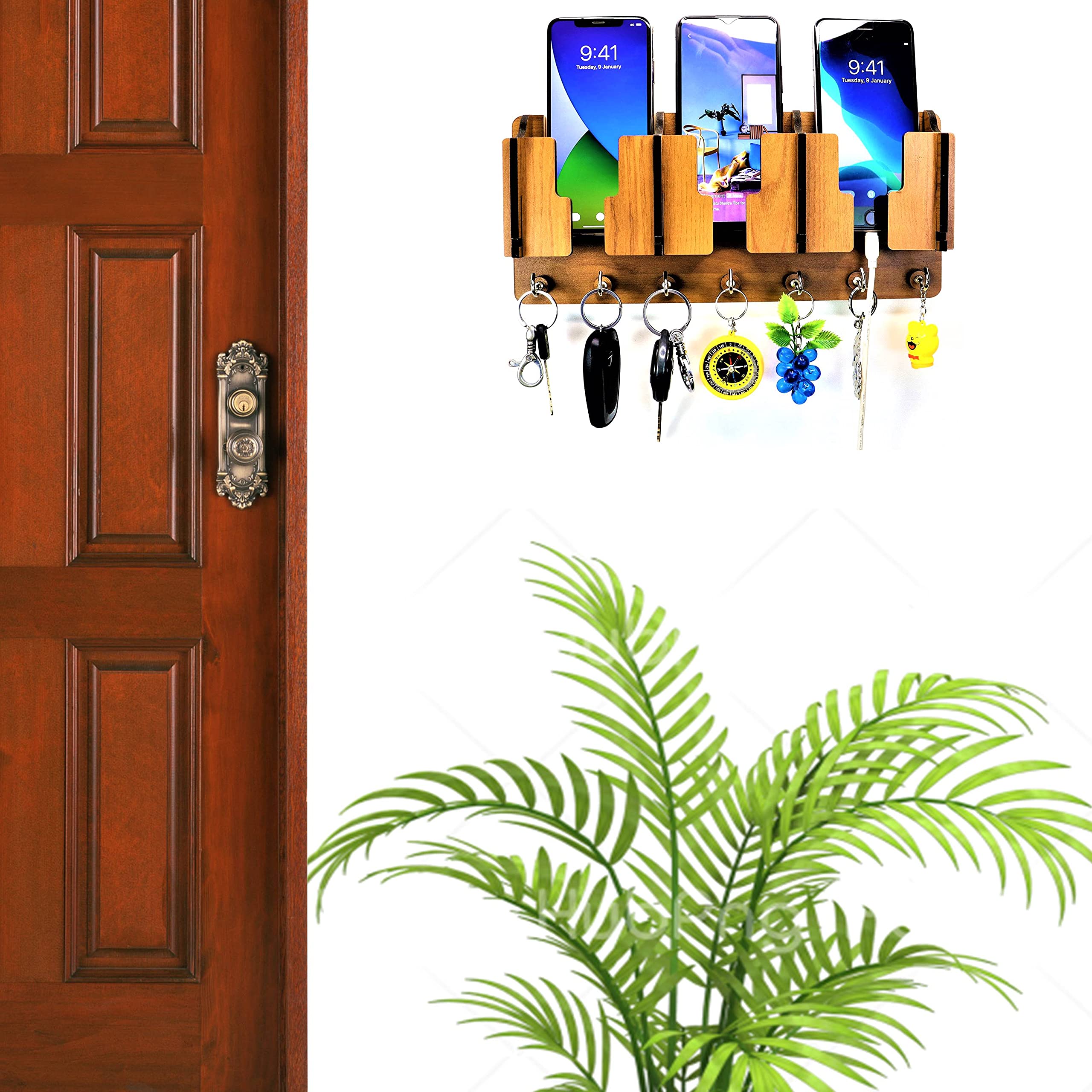 AMBVIN ® 3 Pocket Antique Wall Maunt Wooden Key Holder | Mobile Charging Stand Key Holder | for Home, Office | Living Room Decor Craft (7 Hook) 2