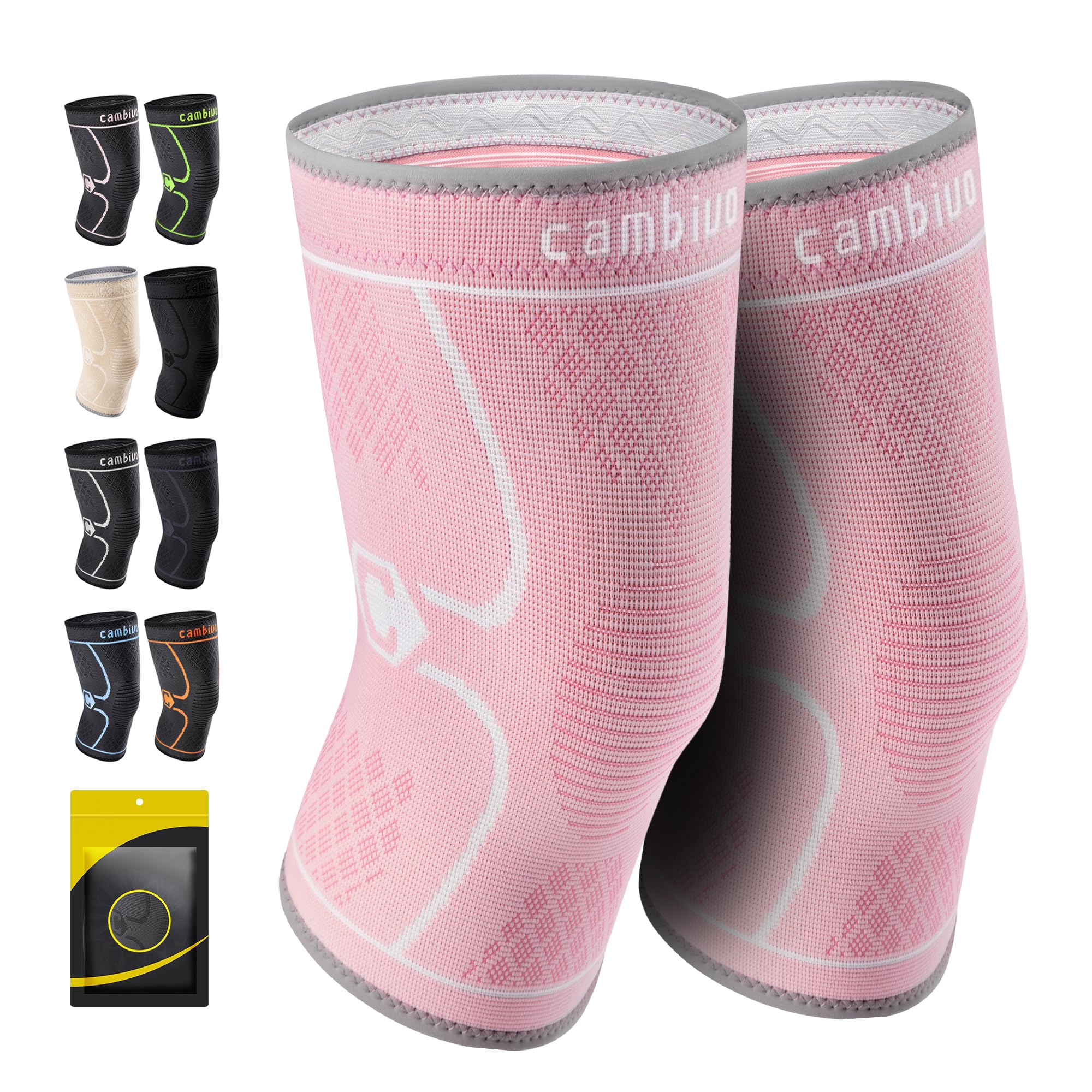 CAMBIVO 2 Pack Knee Brace, Knee Compression Sleeve for Men and Women, Knee Support for Running, Workout, Gym, Hiking, Sports (Rose,Large)