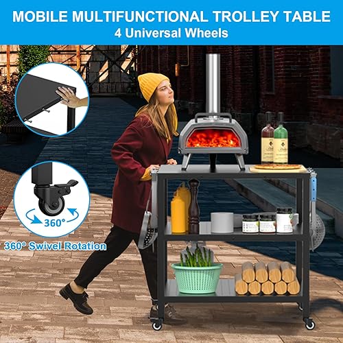 Miniatura 4 de Carrito de parrilla al aire libre, mesa de horno de pizza con ruedas, tres estantes movibles para comedor, barbacoa, preparación de alimentos y mesa