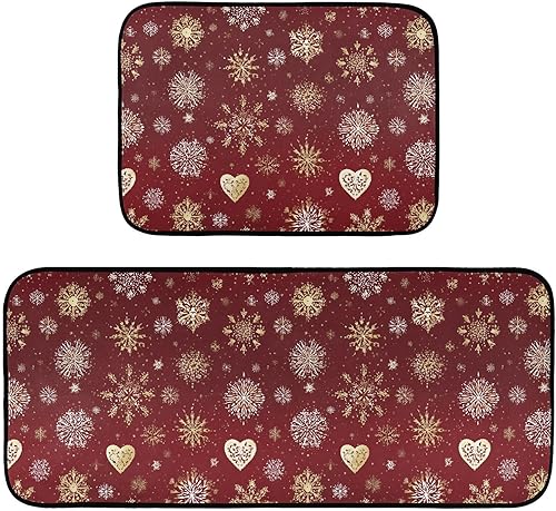 Pfrewn Juego de 2 tapetes y tapetes de cocina con copos de nieve rojos y dorados, antideslizantes, antideslizantes, lavables, para invierno,