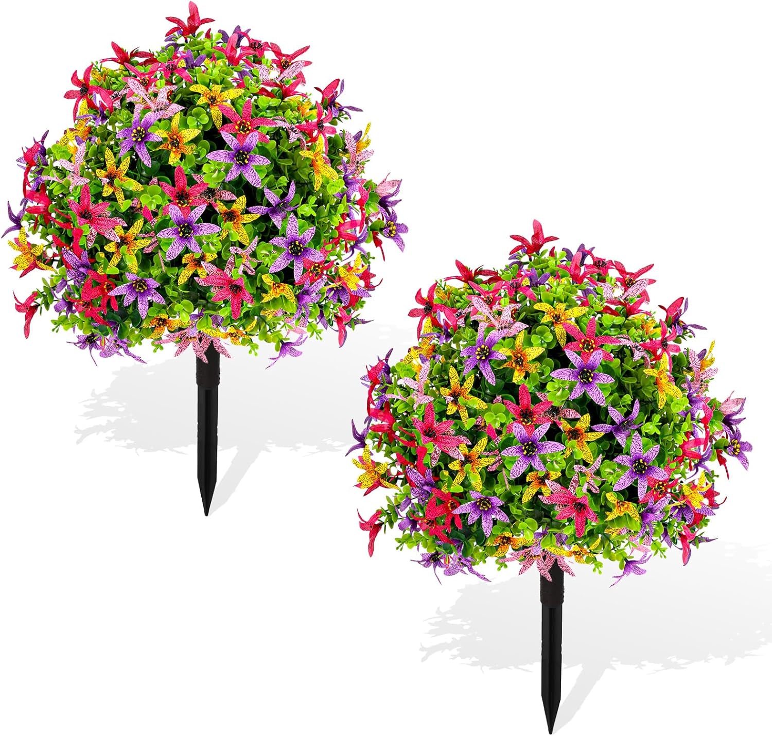 Artificial Topiary Ball Tree Outdoor Plants with Ground Spike 22"- UV Resistant Faux Shrubs, Eucalyptus Fake Plants for Indoor & Garden, Yard, Porch, Patio Decor (Mixed Color BlackBerry Lily)