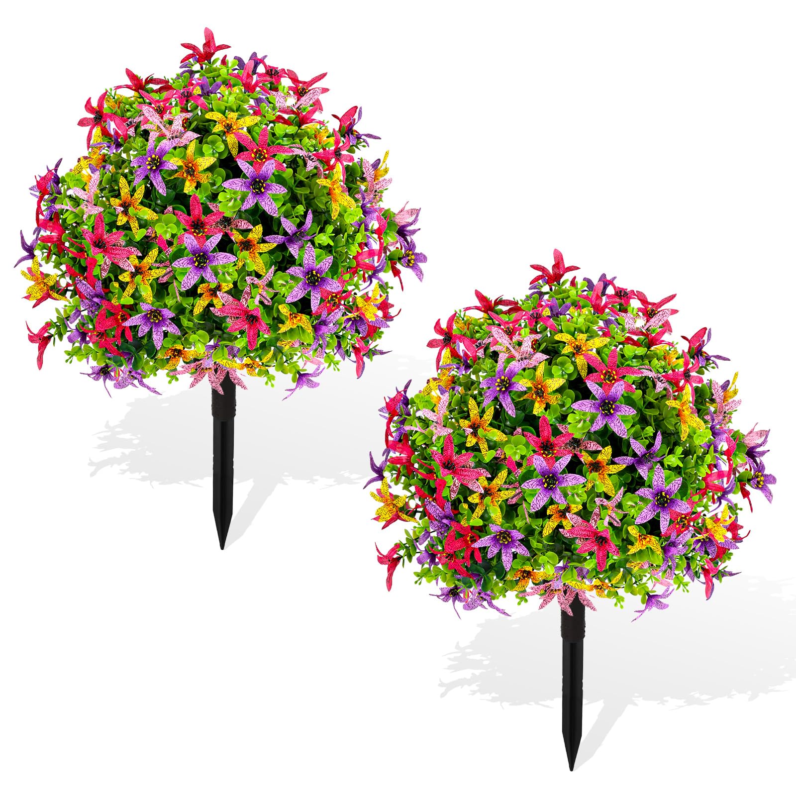 ENVEN Artificial Topiary Ball Tree Outdoor Plants with Ground Spike 22"- UV Resistant Faux Shrubs, Eucalyptus Fake Plants for Indoor & Garden, Yard,