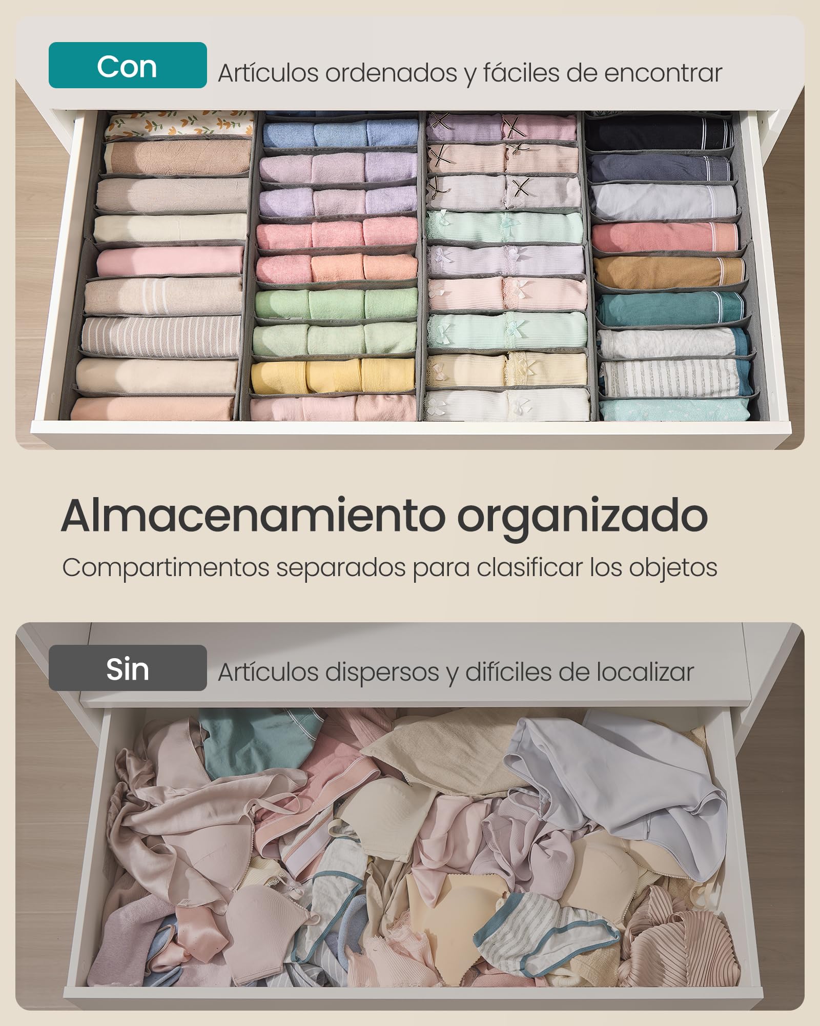 SONGMICS Juego de 4 Organizadores para Cajones de Ropa Interior, Plegables, 50x22x10 cm, Gris