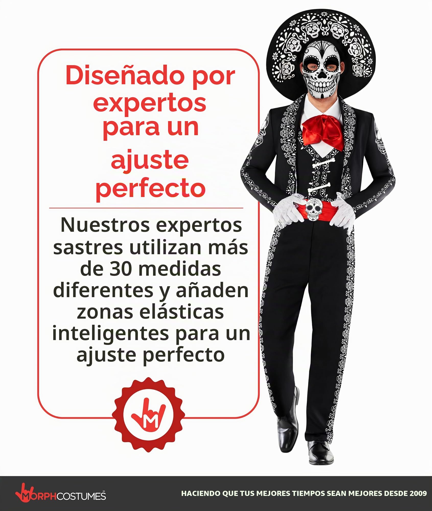 Morph Disfraz Catrina Mariachi Hombre Día Muertos Esqueleto Chaqueta Chaleco Pantalón Sombrero Máscara Calavera