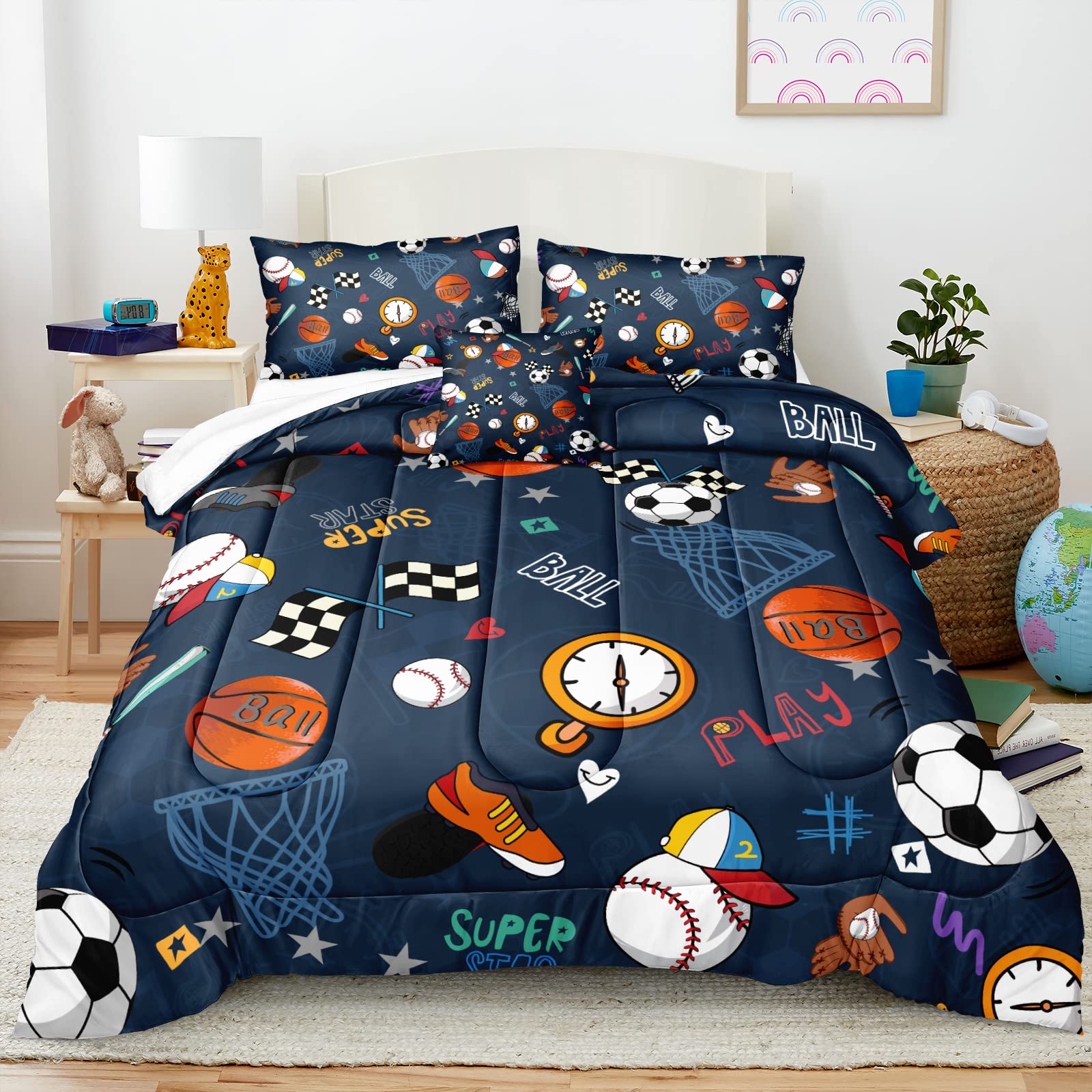 Sports Bedding Comforter Set for Boys Queen Basketball Baseball Football Soccer Printed Blue Comforter Set 1 Comforter 2 Pillowcases 1 Cushion Cover (Queen, Ball)