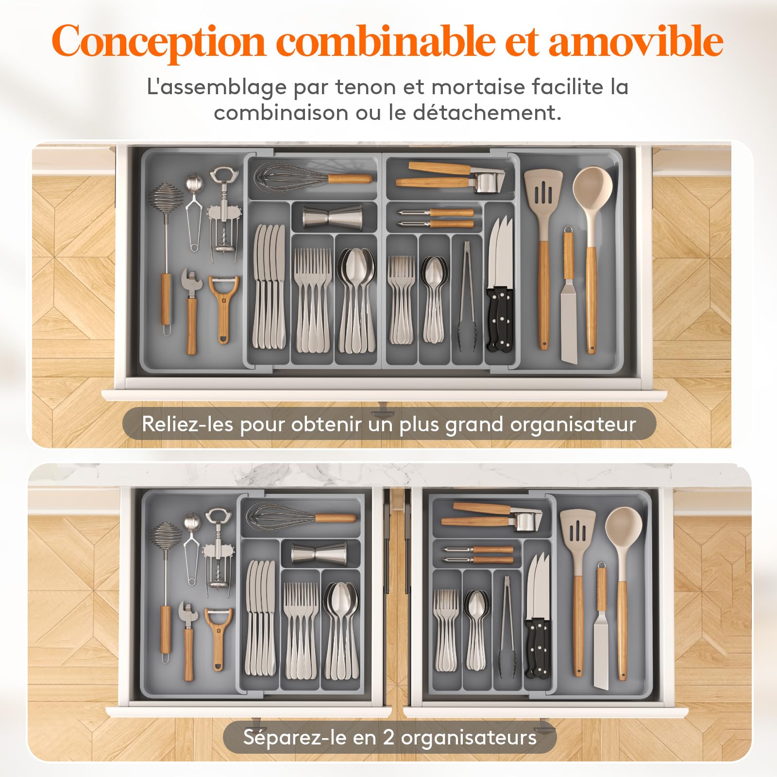 Lifewit Grand Range Couverts, Rangement Couvert Tiroir Cuisine, Extensible de 54.1 jusqu'à 91,4 cm de Large, Organisateur en Plastique pour Couverts, Cuillères, Fourchettes, Couteaux, Gris