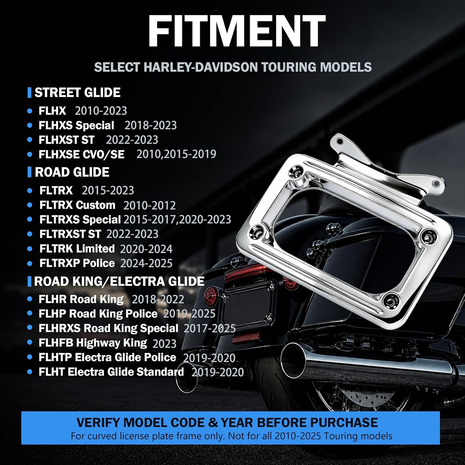 3157 Curved License Plate Holder Frame, Fits Select Harley-Davidson Touring Street Glide Road Glide Road King Special, FLHX 2010-2023, FLTRX 2010-2013/2015-2023, FLHRXS 2017-2025 | Chrome