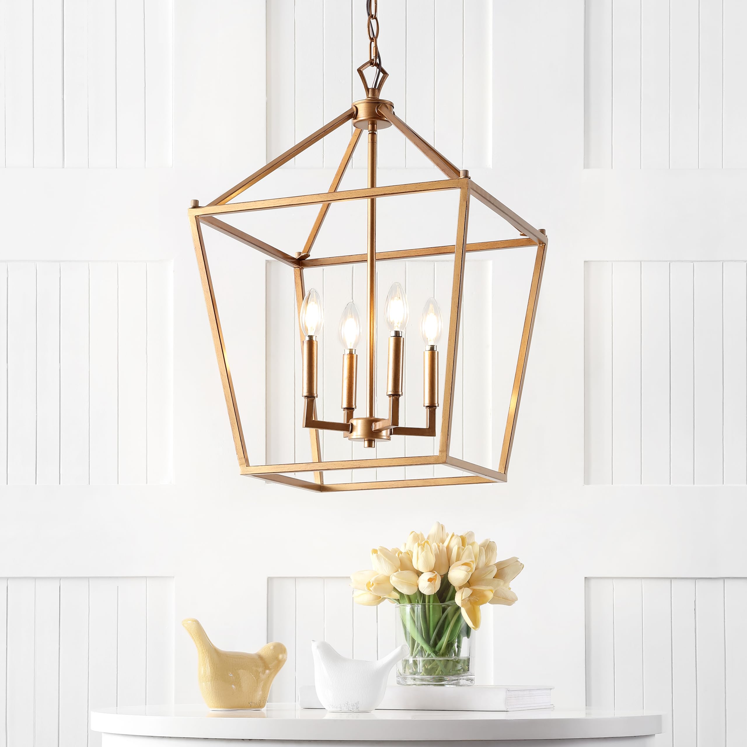 jonathan y jyl7437b 16" farmhouse lantern chandelier, 4-light industrial metal cage pendant light in antique gold, adjustable hanging ceiling fixture for kitchen island, dining room, foyer