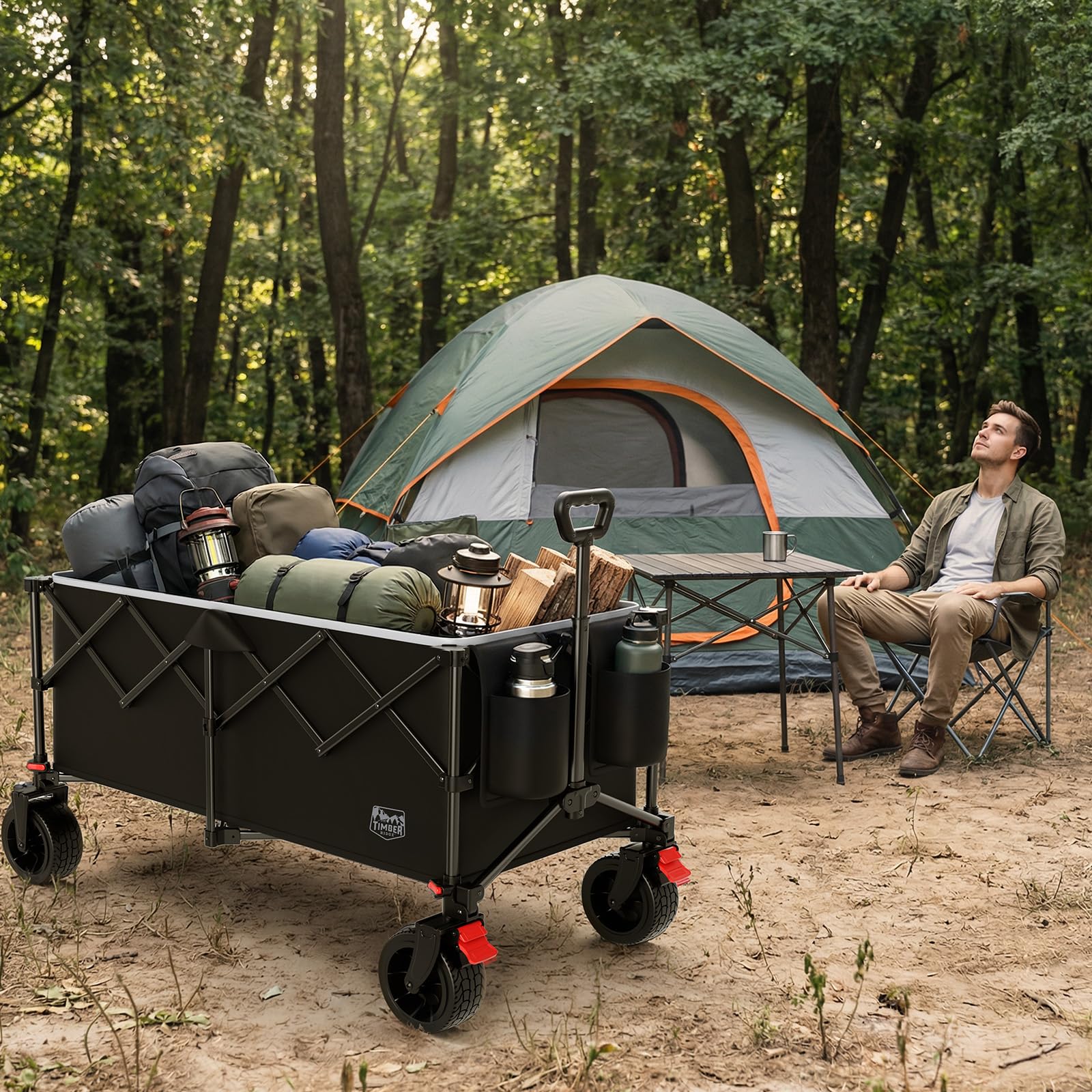 TIMBER RIDGE Faltbarer Bollerwagen 300L Klappbarer Strandwagen 150kg Traglast All-Terrain Räder mit Bremse