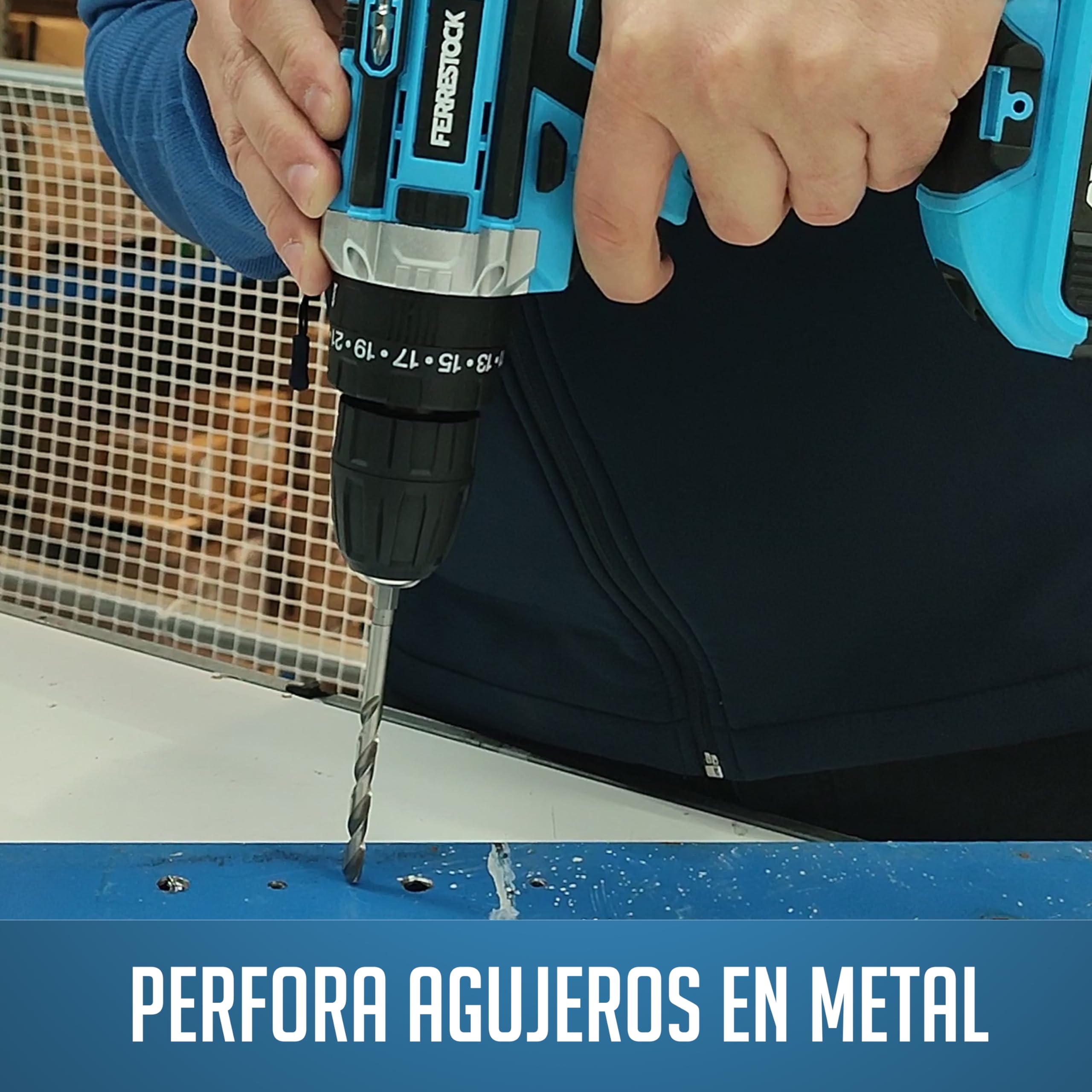 Ferrestock Taladro Percutor con Batería de Li-ion, Maletín con 25 Accesorios, 2 Velocidades, 25 Posiciones, 35Nm de Par de Giro, Función Percutor
