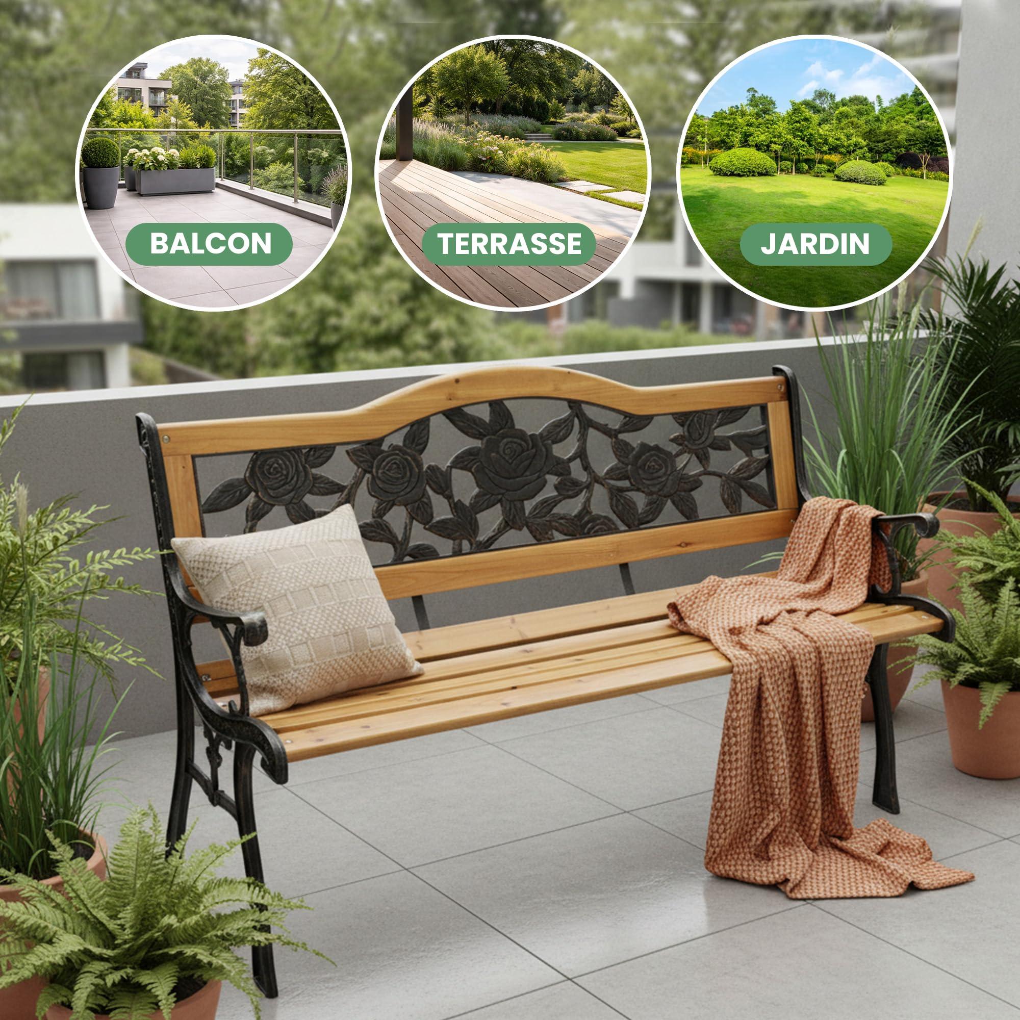 AKORD Banc de jardin rose avec pieds en fonte et bois verni | Banc d'extérieur | Bancs extérieurs avec accoudoir | Bancs modernes résistants aux intempéries | Largeur 118 cm | Marron