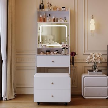 Fameill Women White Vanity Desk,23.6 Small Vanity Desk with Mirror and Lights,3 Color Modes & Adjustable Brightness,Compact Dressing Table Set with Storage Chair