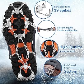 WIN.MAX Crampons for Shoes, Traction Cleats Ice Snow Grips with 19 Stainless Steel Spikes, Shoe Talons Anti - Slip Boots Spikes for Walking, Jogging, Climbing and Hiking (Grey, XL)