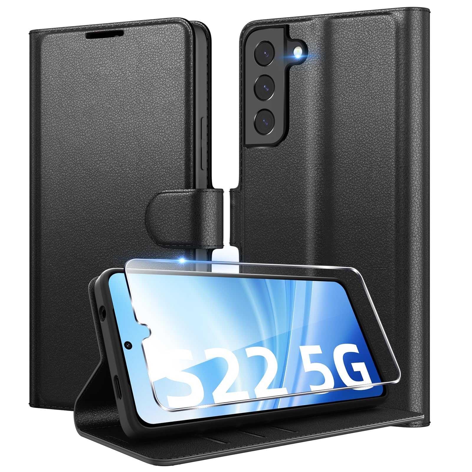 Eirltiy Cover per Samsung Galaxy S22 5G Portafoglio Pelle PU Premium, Custodia Scomparti Carte Antiurto Protettiva Case con 1 Vetro Temperato, Nero