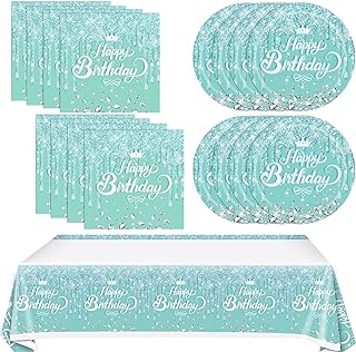 41 Pcs Teal and Silver Tableware Set for Happy Birthday Table Decorations Blue Birthday Theme Dessert Plates Napkins Tablecloth for 20 Guests Girls Women Silver Glitter Birthday Party Supplies