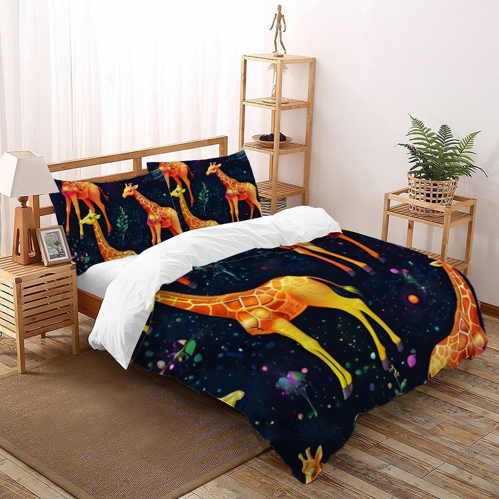 Housse de couette girafe microfibre 3D : literie grand lit facile à border