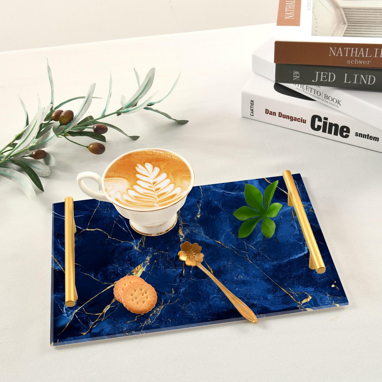 Bandeja decorativa grande con textura de mármol azul y dorado con asas, bandeja perfecta para servir desayuno, joyas, perfumes y plato, diseño de plástico