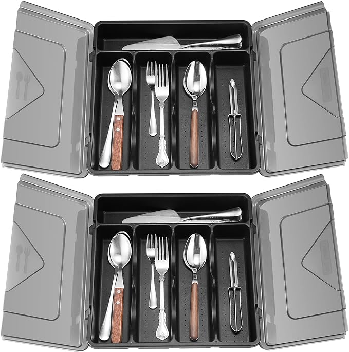 Geetery 2 Pcs Large Silverware Organizer with Lid, 5