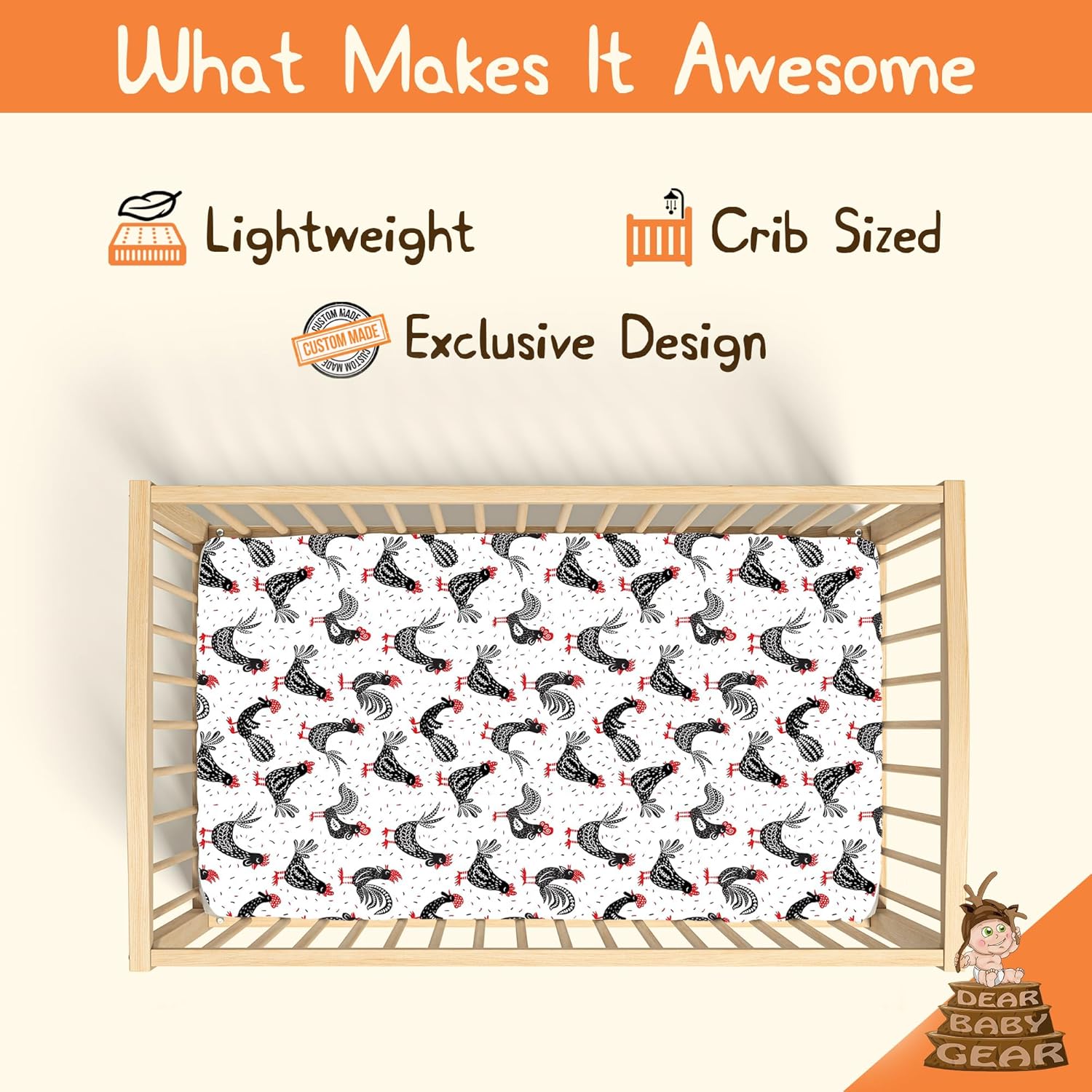 Dear Baby Gear Deluxe Crib Sheet - Farm Design Soft Cotton Polyester Baby Bedding - Infant Bed Sheets - Toddler Mattress Protector (Chickens & Roosters Black White & Red Print, 52x28x10)