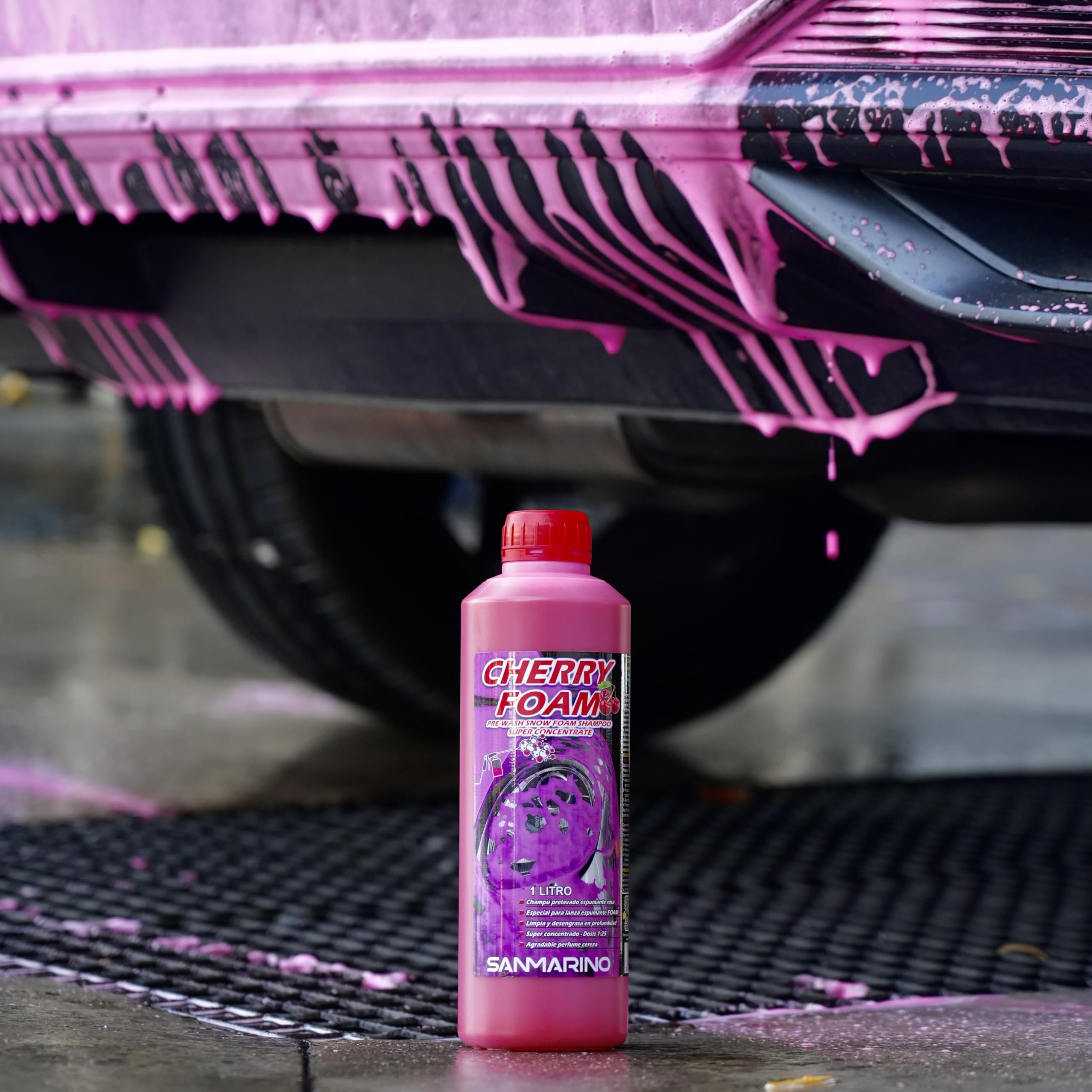 SANMARINO Champú coche Espuma Rosa 1 LITRO Lavado Coche y Moto Foam Rosa Espuma Activa - CHERRY FOAM