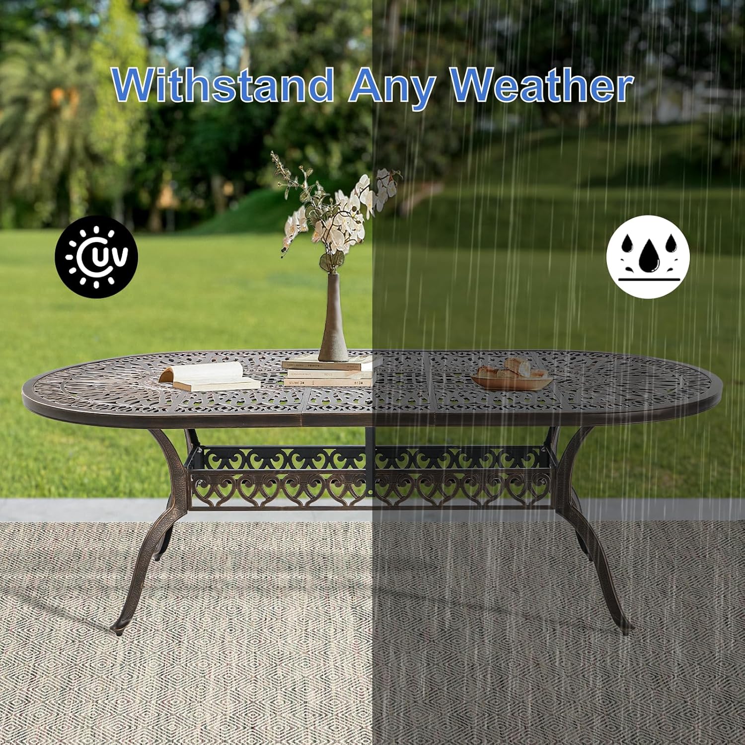 Patio Dining Table, 87" Outdoor Patio Table with Umbrella Hole Bronze Oval Cast Alluminum Patio Metal Dining Table, Outdoor Furniture for Backyard Lawn Balcony Deck