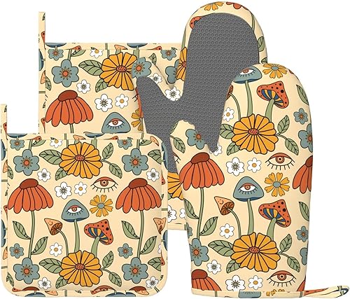 Juego de 4 manoplas de horno y soportes para ollas retro de los años 70 con diseño de hongos hippie, de silicona, resistentes al calor, guantes