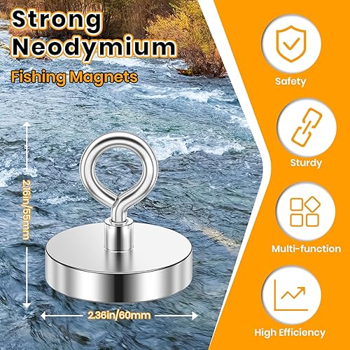 Miniatura 3 de VNDUEEY Imanes de pesca de neodimio fuertes, fuerza de tracción de 500 libras, imanes de tierras raras resistentes con perno de orificio avellanado