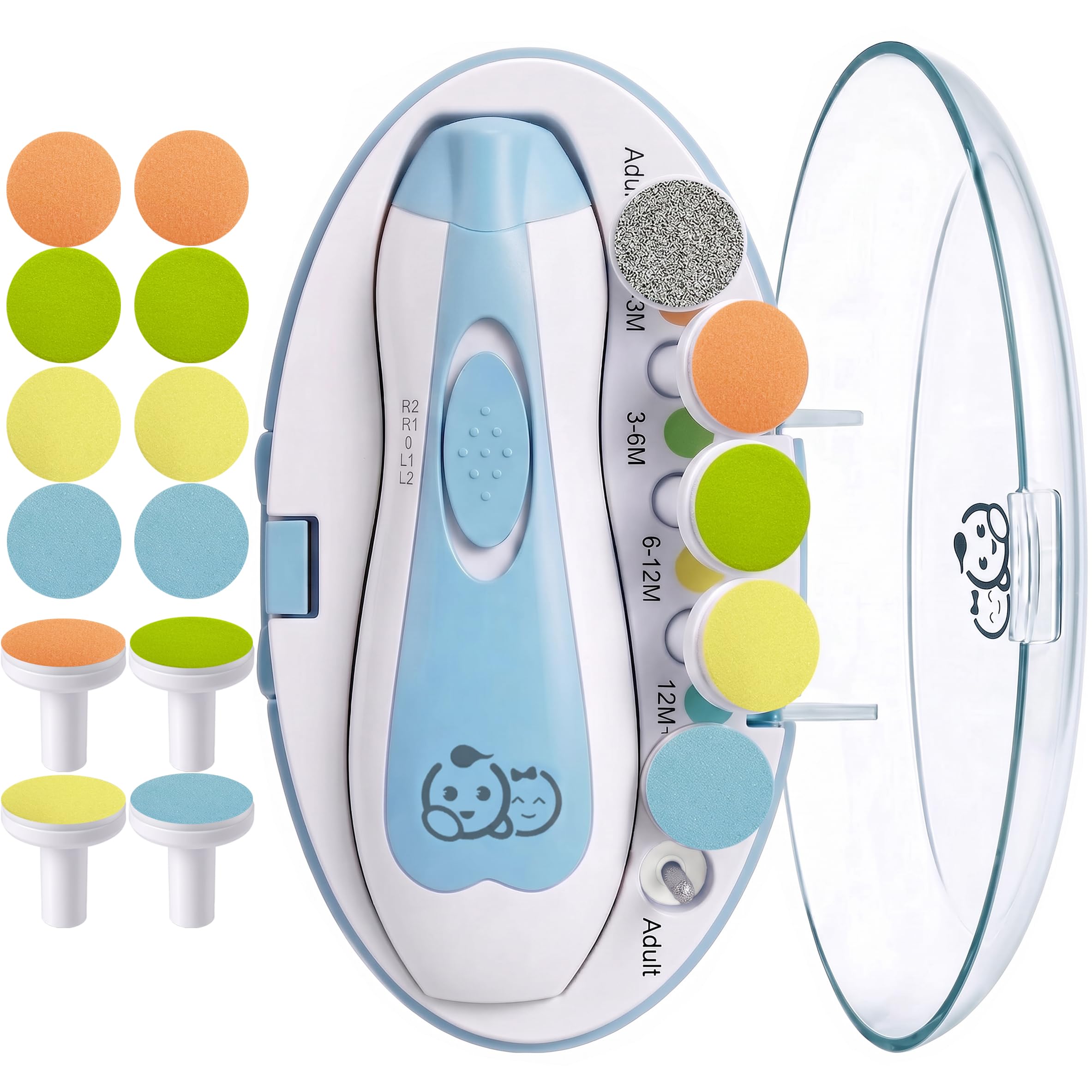 Royal Angels Upgraded 21 in 1 Baby Nail Trimmer with Labeled Case, 12 Extra Replacement Pads, Safe Electric Baby Nail File Kit for Newborns & Toddlers, Whisper Quiet Nail Clipper with LED Light (Blue)